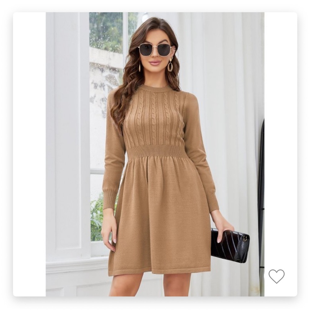 Long sleeve knitted crewneck high waist A line mini sweater dress